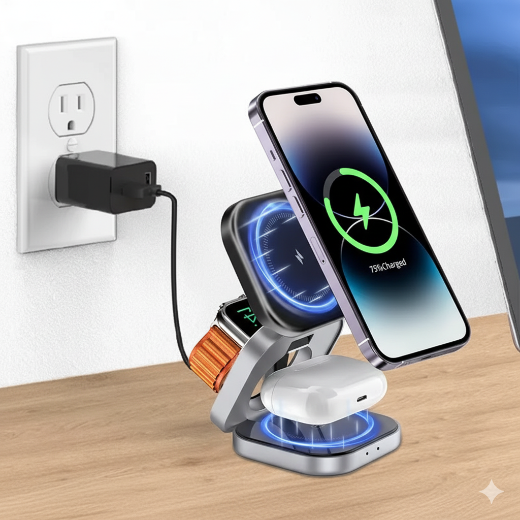 Station de Charge Sans Fil 3-en-1 Pliable – MagSafe pour iPhone ou Samsung, Charge Rapide, Support Magnétique & Téléphoneng, Apple Watch et AirPods