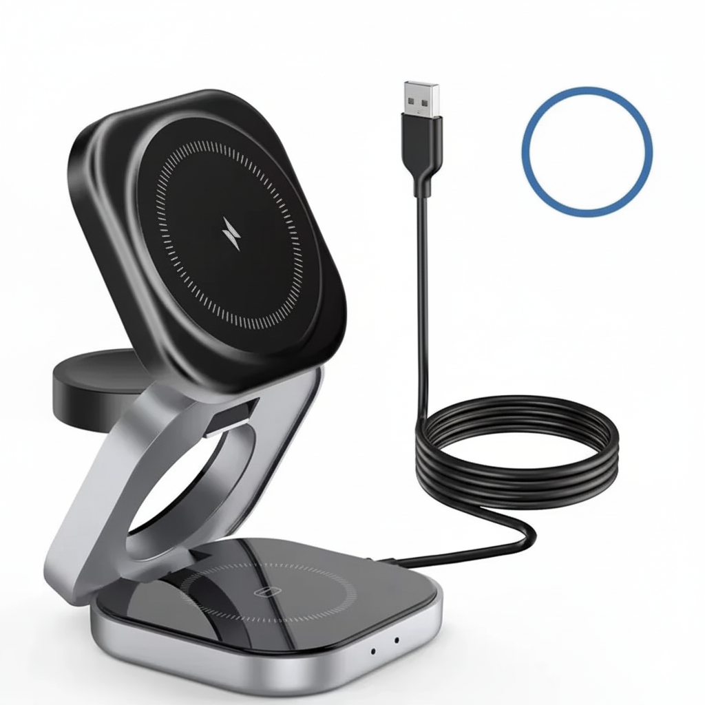 Station de Charge Sans Fil 3-en-1 Pliable – MagSafe pour iPhone ou Samsung, Charge Rapide, Support Magnétique & Téléphoneng, Apple Watch et AirPods