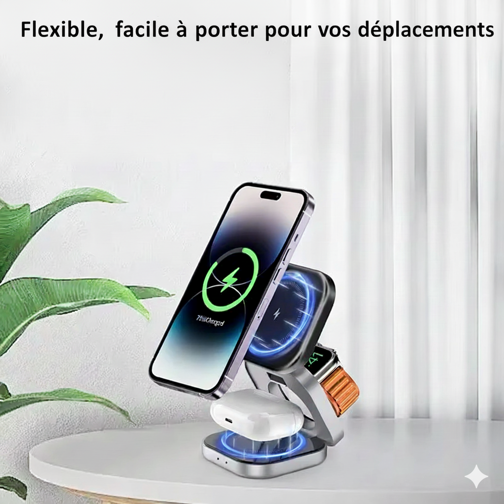 Station de Charge Sans Fil 3-en-1 Pliable – MagSafe pour iPhone ou Samsung, Charge Rapide, Support Magnétique & Téléphoneng, Apple Watch et AirPods