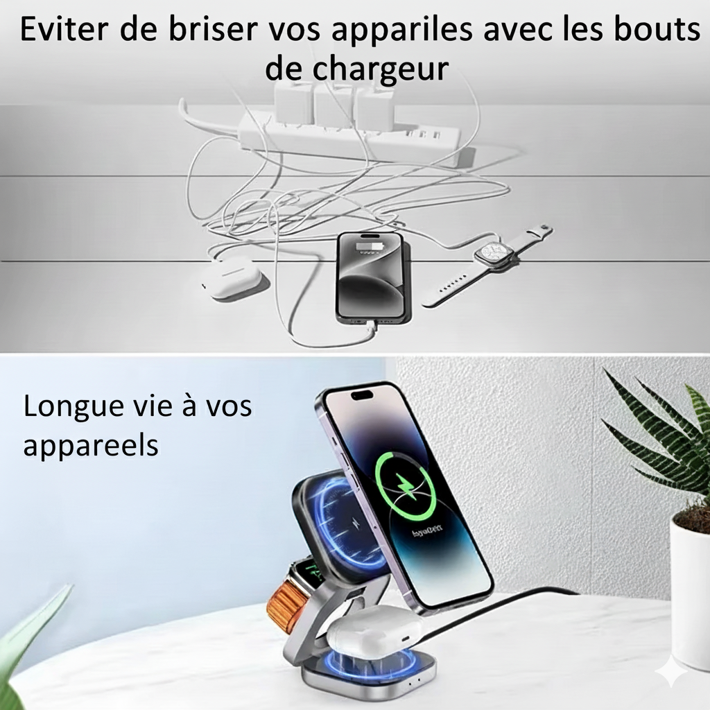 Station de Charge Sans Fil 3-en-1 Pliable – MagSafe pour iPhone ou Samsung, Charge Rapide, Support Magnétique & Téléphoneng, Apple Watch et AirPods