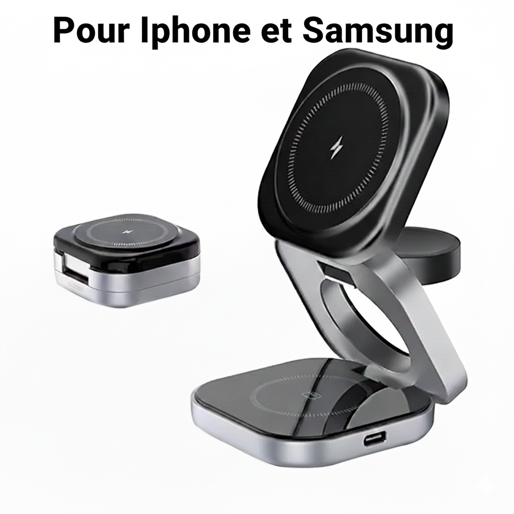 Station de Charge Sans Fil 3-en-1 Pliable – MagSafe pour iPhone ou Samsung, Charge Rapide, Support Magnétique & Téléphoneng, Apple Watch et AirPods