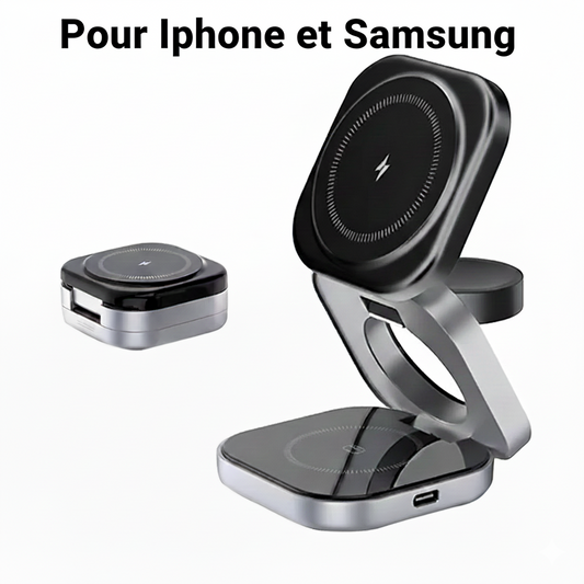 Station de Charge Sans Fil 3-en-1 Pliable – MagSafe pour iPhone ou Samsung, Charge Rapide, Support Magnétique & Téléphoneng, Apple Watch et AirPods