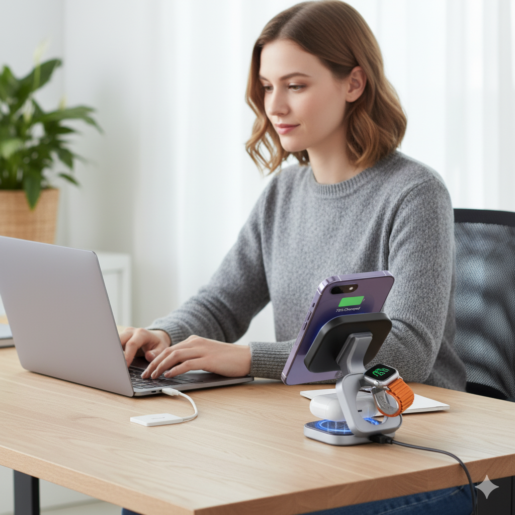 Station de Charge Sans Fil 3-en-1 Pliable – MagSafe pour iPhone ou Samsung, Charge Rapide, Support Magnétique & Téléphoneng, Apple Watch et AirPods