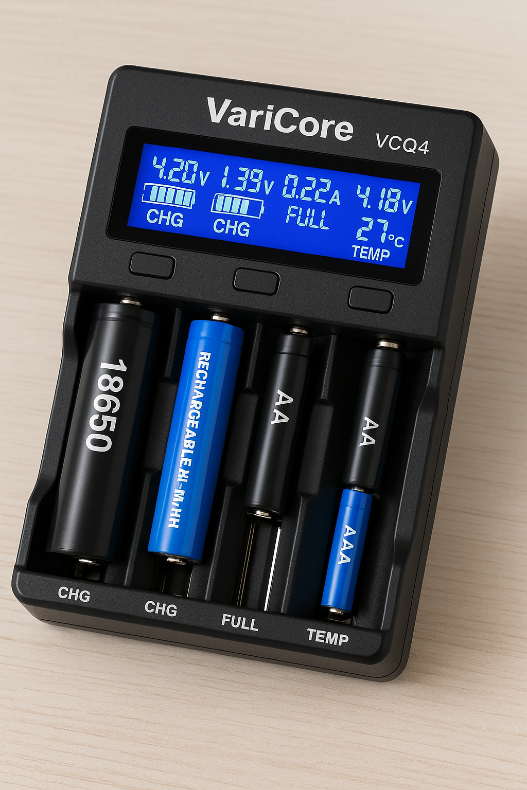 Chargeur de Batterie Intelligent 4 Slots VariCore VCQ4 – Pour Piles Rechargeables 18650, 26650, AA, AAA