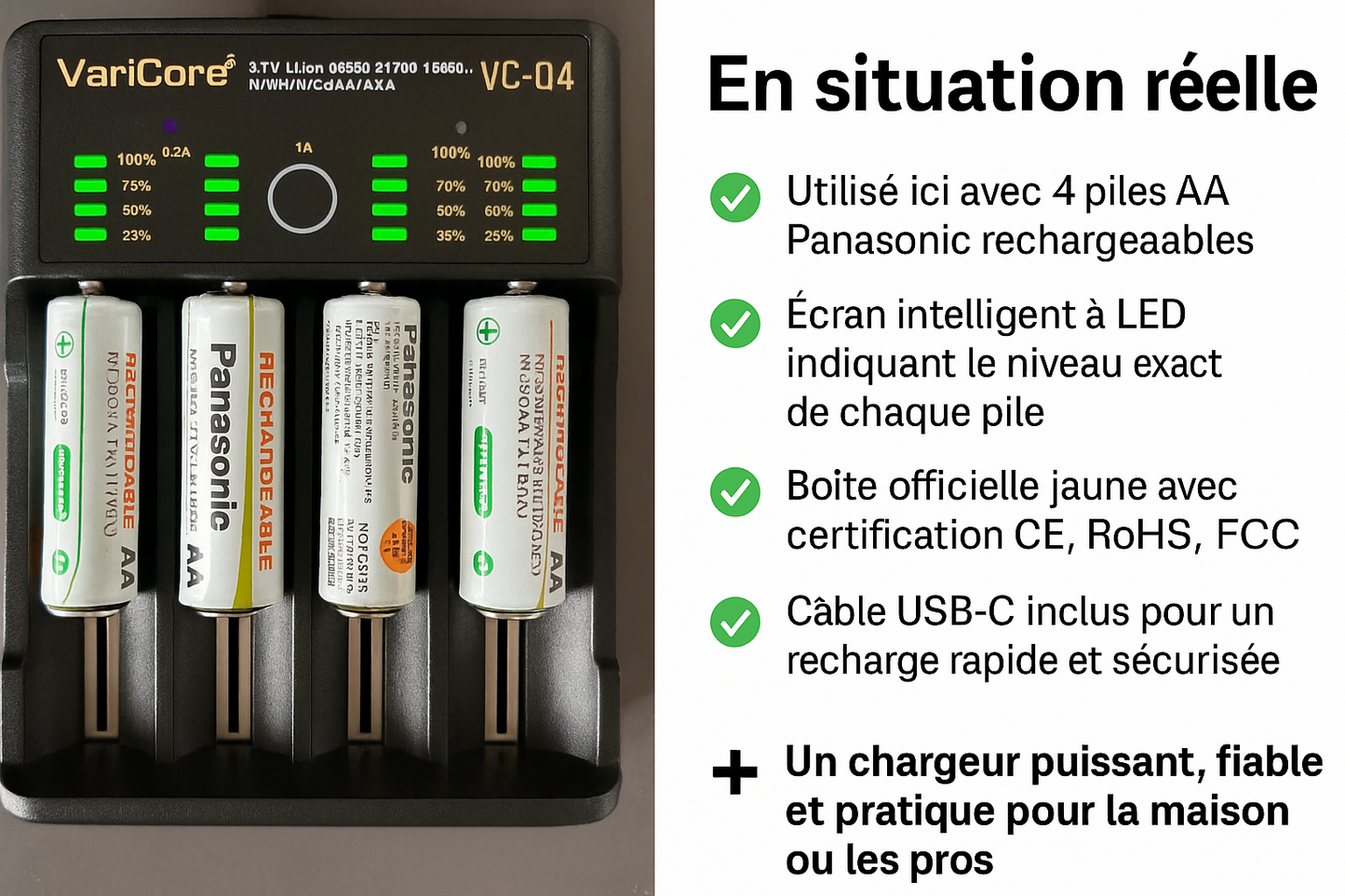 Chargeur de Batterie Intelligent 4 Slots VariCore VCQ4 – Pour Piles Rechargeables 18650, 26650, AA, AAA