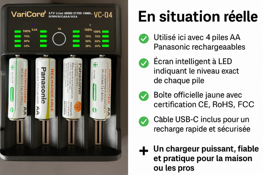 Chargeur de Batterie Intelligent 4 Slots VariCore VCQ4 – Pour Piles Rechargeables 18650, 26650, AA, AAA