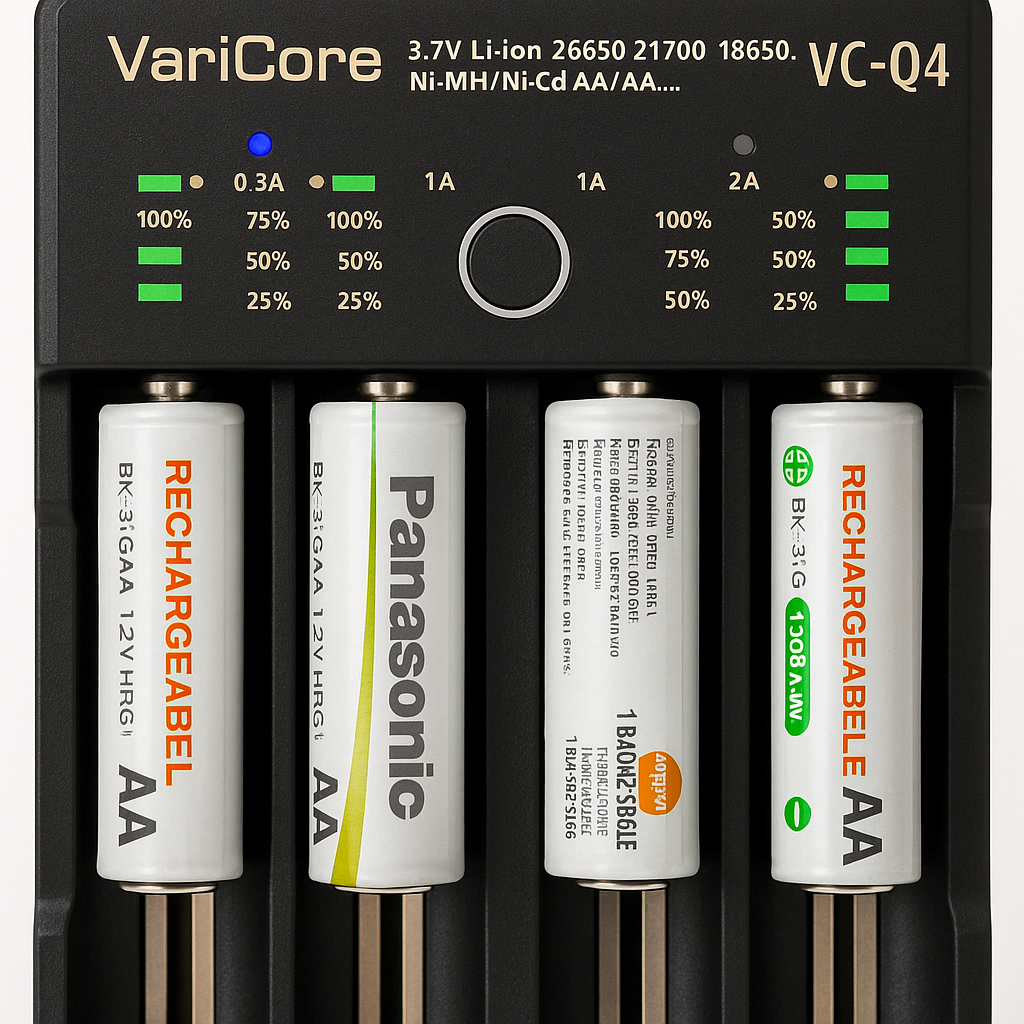 Chargeur de Batterie Intelligent 4 Slots VariCore VCQ4 – Pour Piles Rechargeables 18650, 26650, AA, AAA