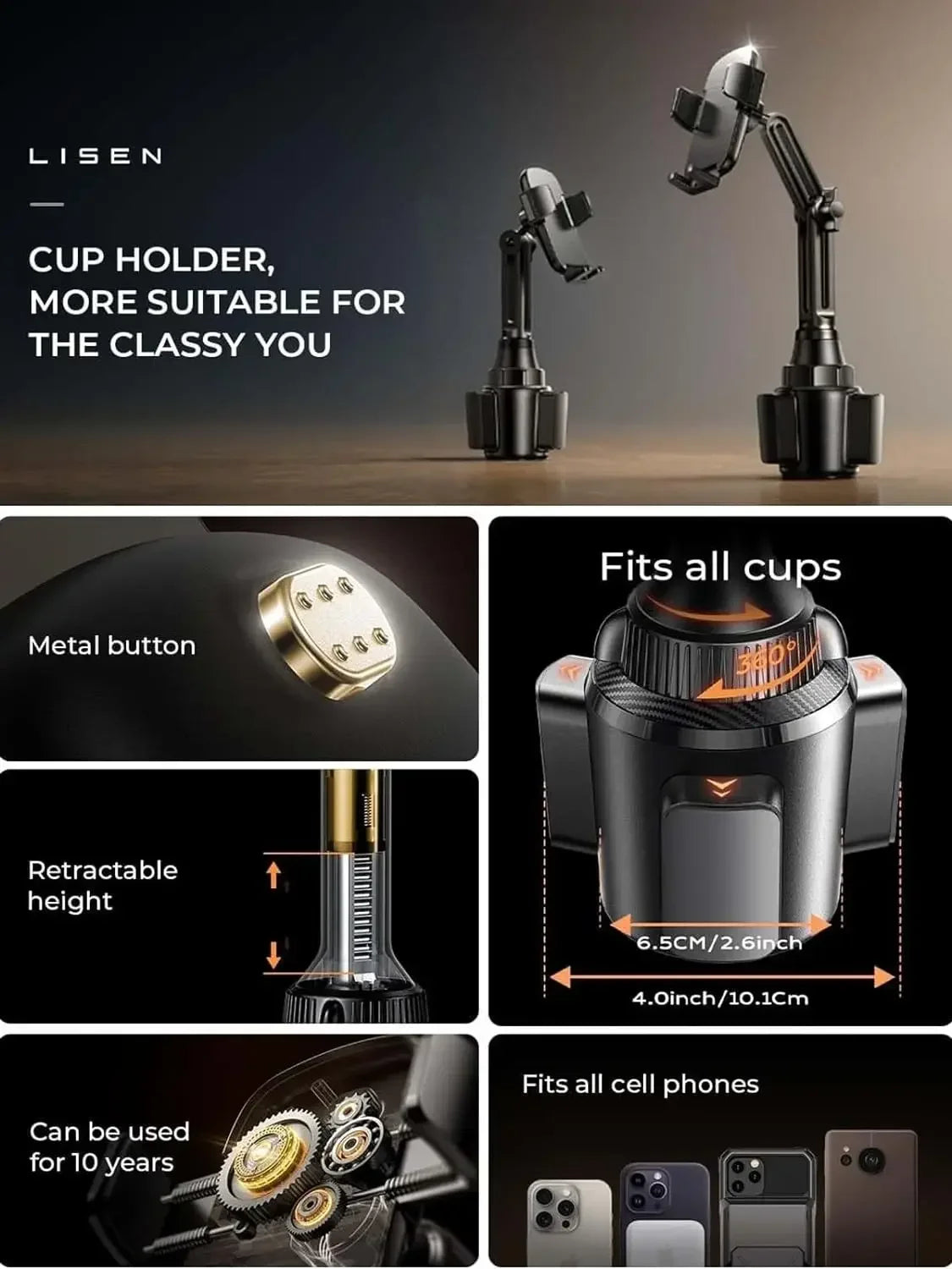 LISEN Cup Holder Phone Holder for Car Mount, 2024 New Car Cup Phone Holders for Iphone Samsung Google All 4-7 Inches